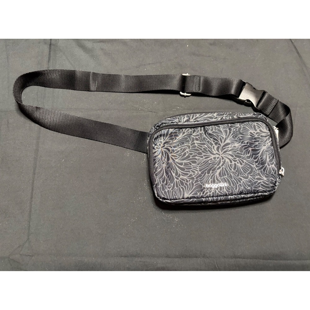Baggallini RFID Black Gray Floral Waist Pack Belt Bag Travel Fanny Pack